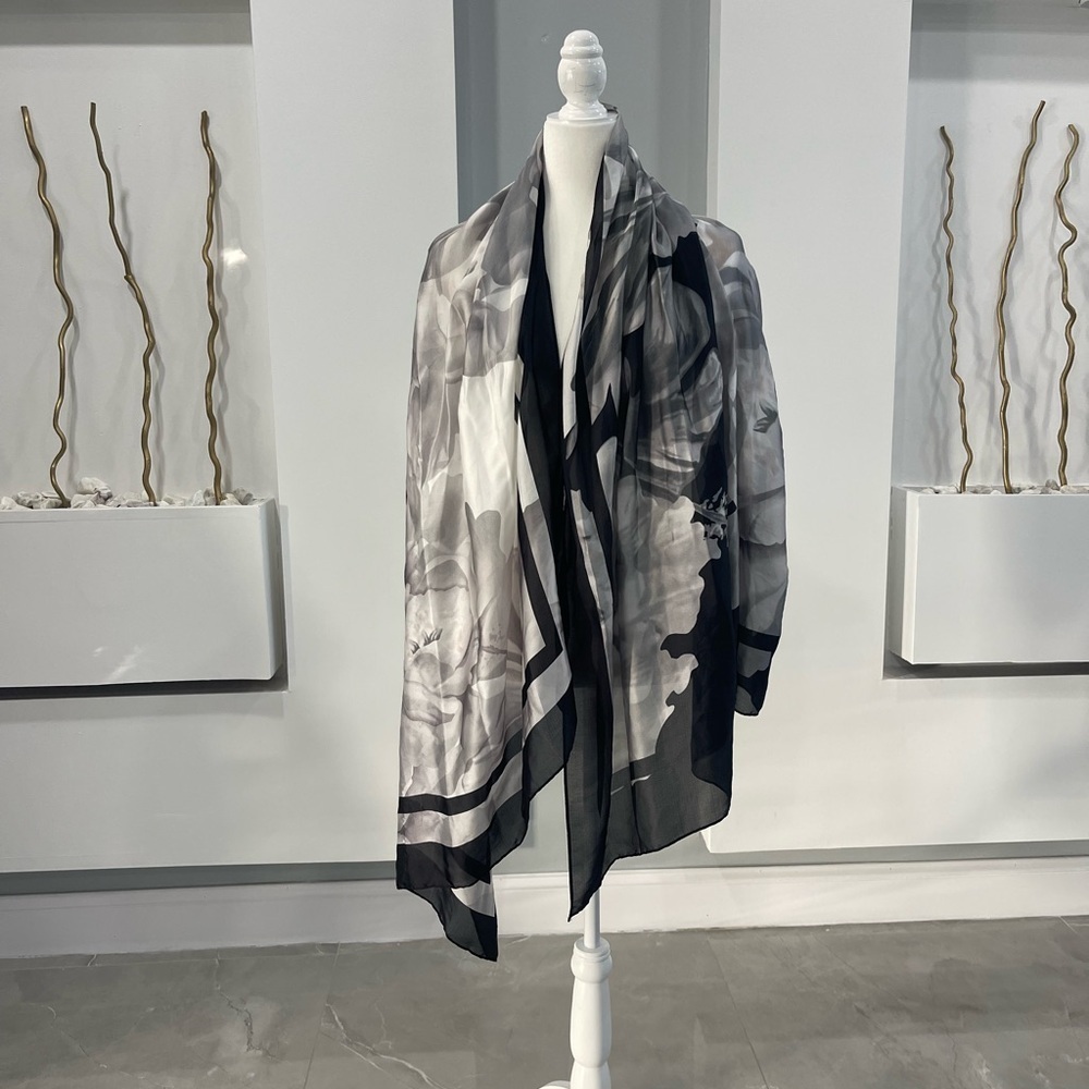 Ellen Tracy Black and Gray Floral Scarf